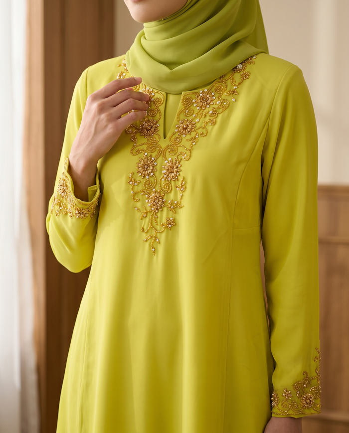 Baju Kurung Chiffon Plain Embroidery — Green