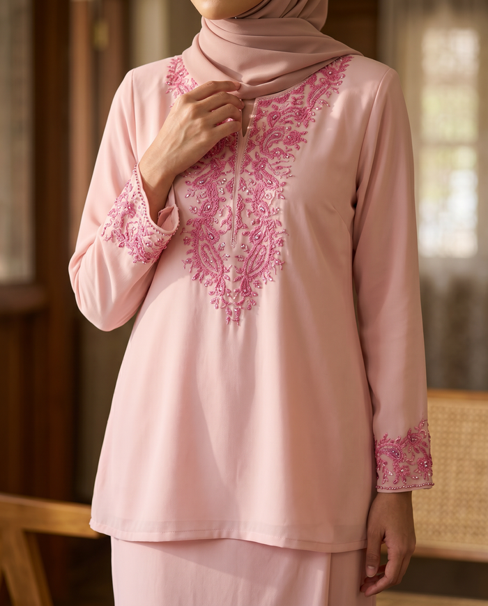 Baju Kurung Chiffon Plain Embroidery — Light Pink