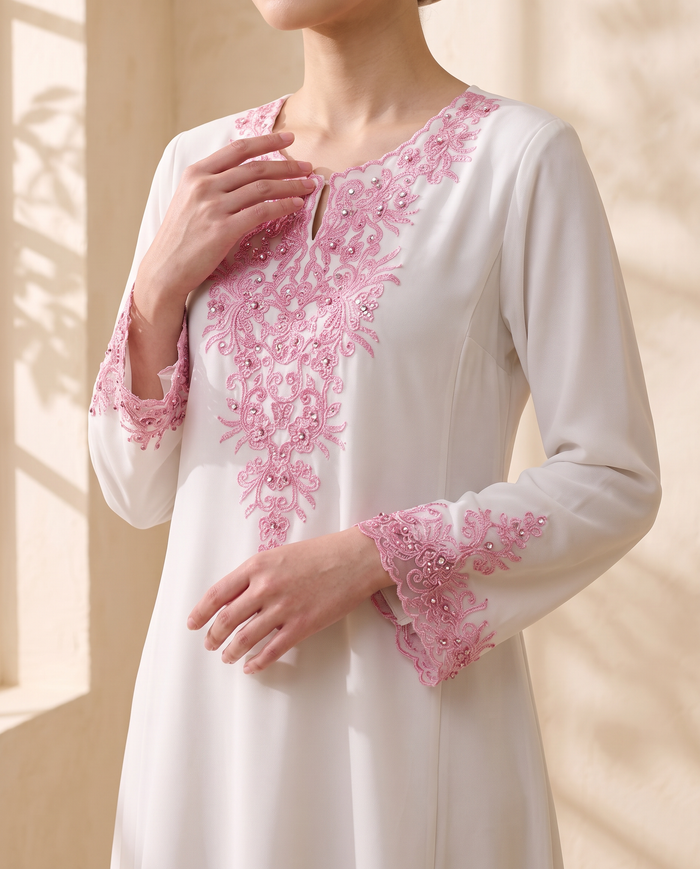 Baju Kurung Chiffon Plain Embroidery — White