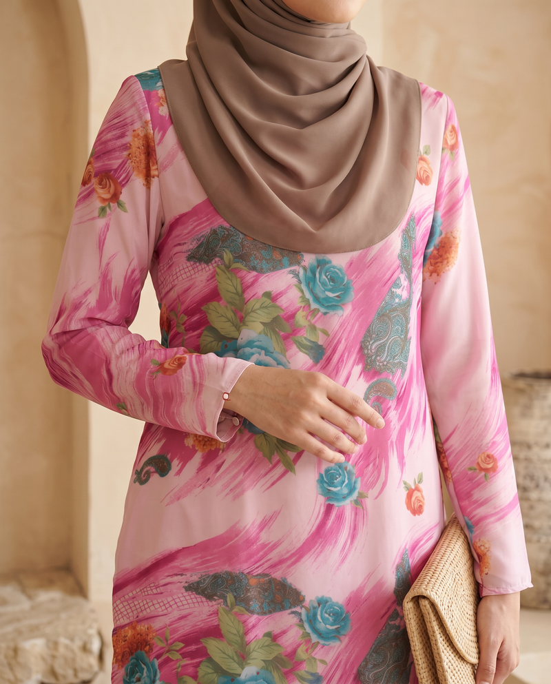 Baju Kurung Silky Chiffon Printed Umbrella Cut — D- 2 — bodycrop