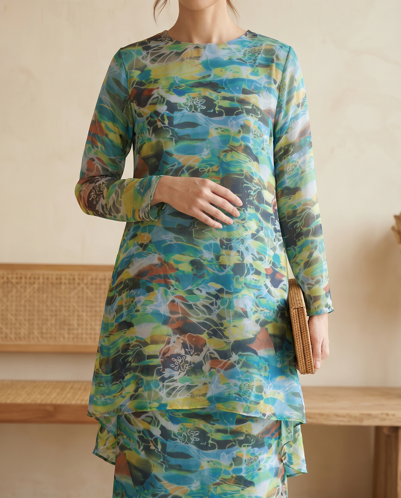 Baju Kurung Silky Chiffon Printed Umbrella Cut — D- 3 — bodycrop