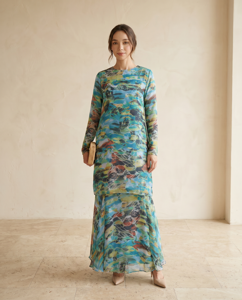 Baju Kurung Silky Chiffon Printed Umbrella Cut — D- 3 — front