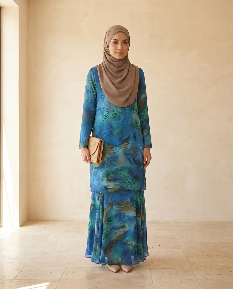 Baju Kurung Silky Chiffon Printed Umbrella Cut — D- 4 — front