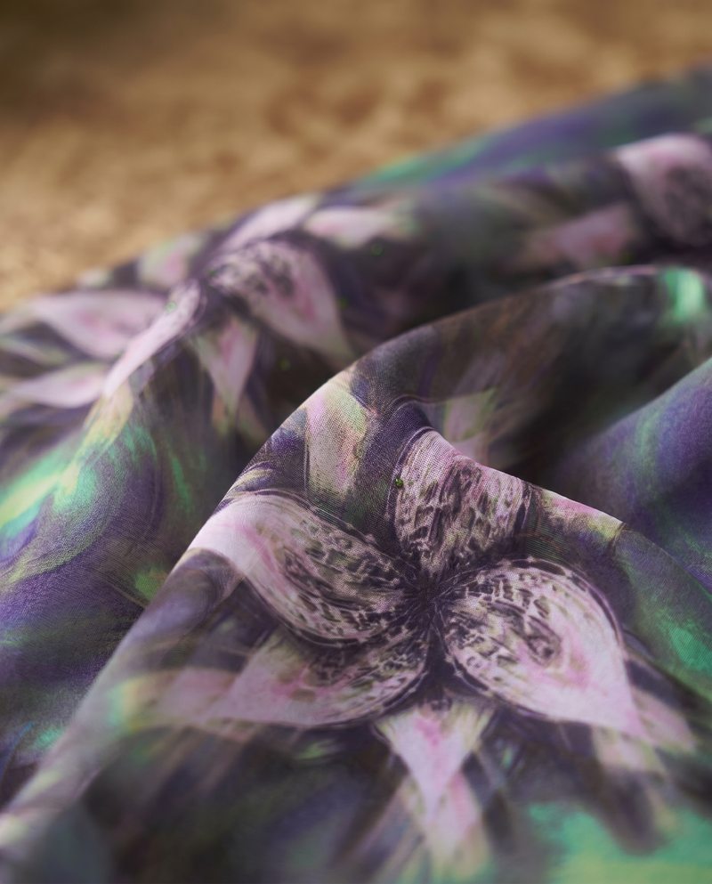 Baju Kurung Silky Chiffon Printed Umbrella Cut — D- 5 — macro