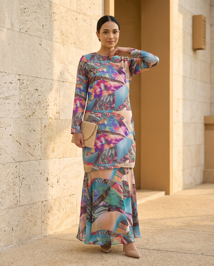 Baju Kurung Silky Chiffon Printed Umbrella Cut — D- 7