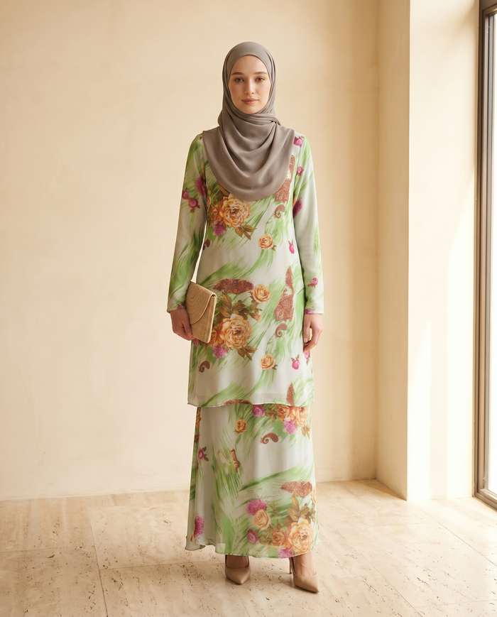 Baju Kurung Silky Chiffon Printed Umbrella Cut — D- 8