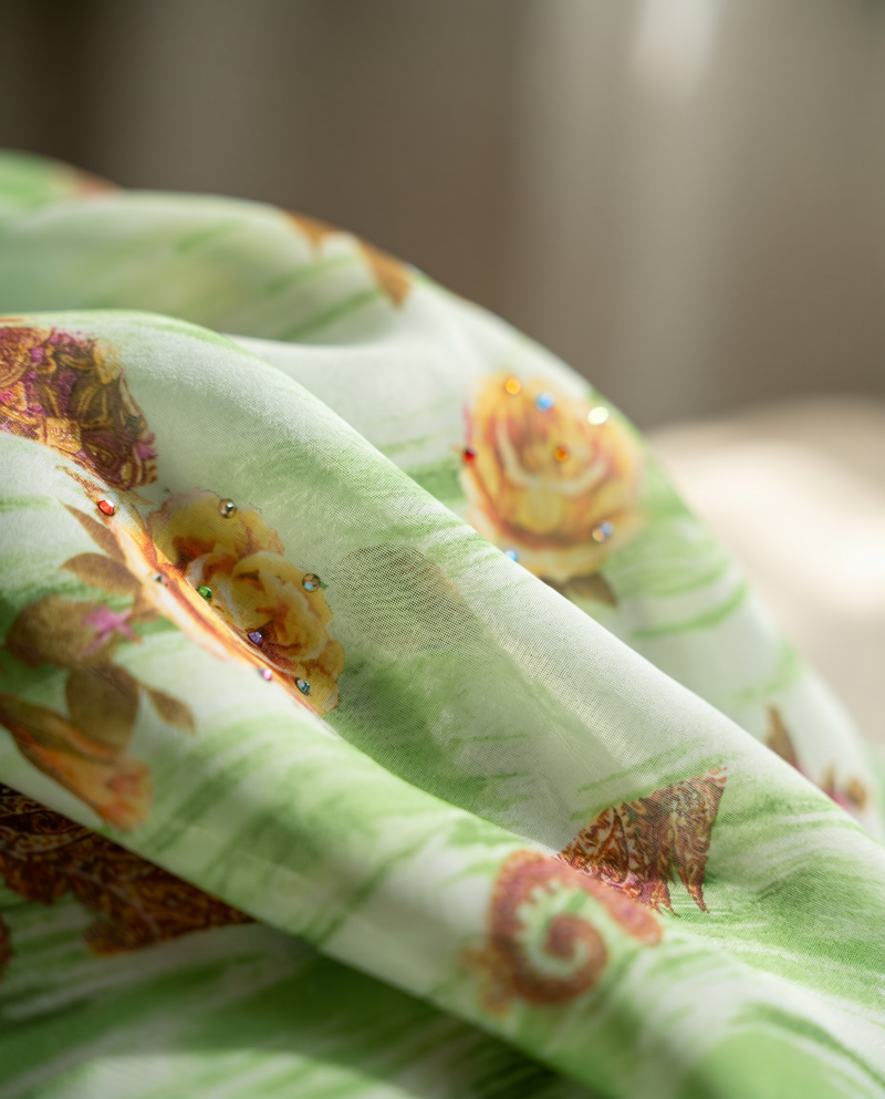 Baju Kurung Silky Chiffon Printed Umbrella Cut — D- 8 — macro