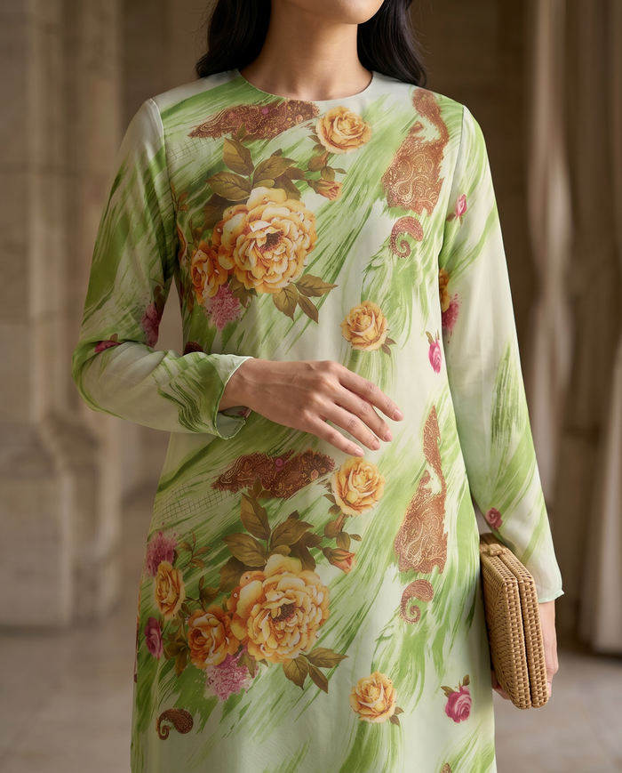 Silky Chiffon Puff — Green Painterly Rose