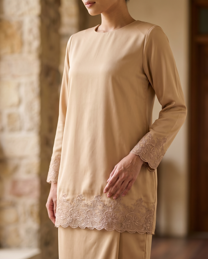 Baju Kurung Arisya Plain Cerutti Patching Lace — Beige