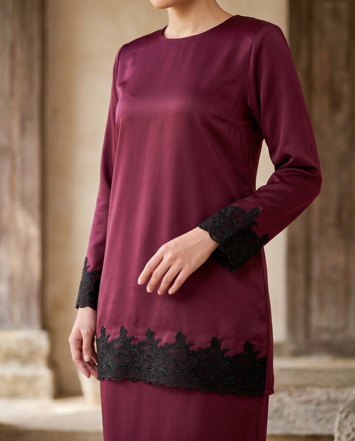 Baju Kurung Arisya Plain Cerutti Patching Lace — Wine