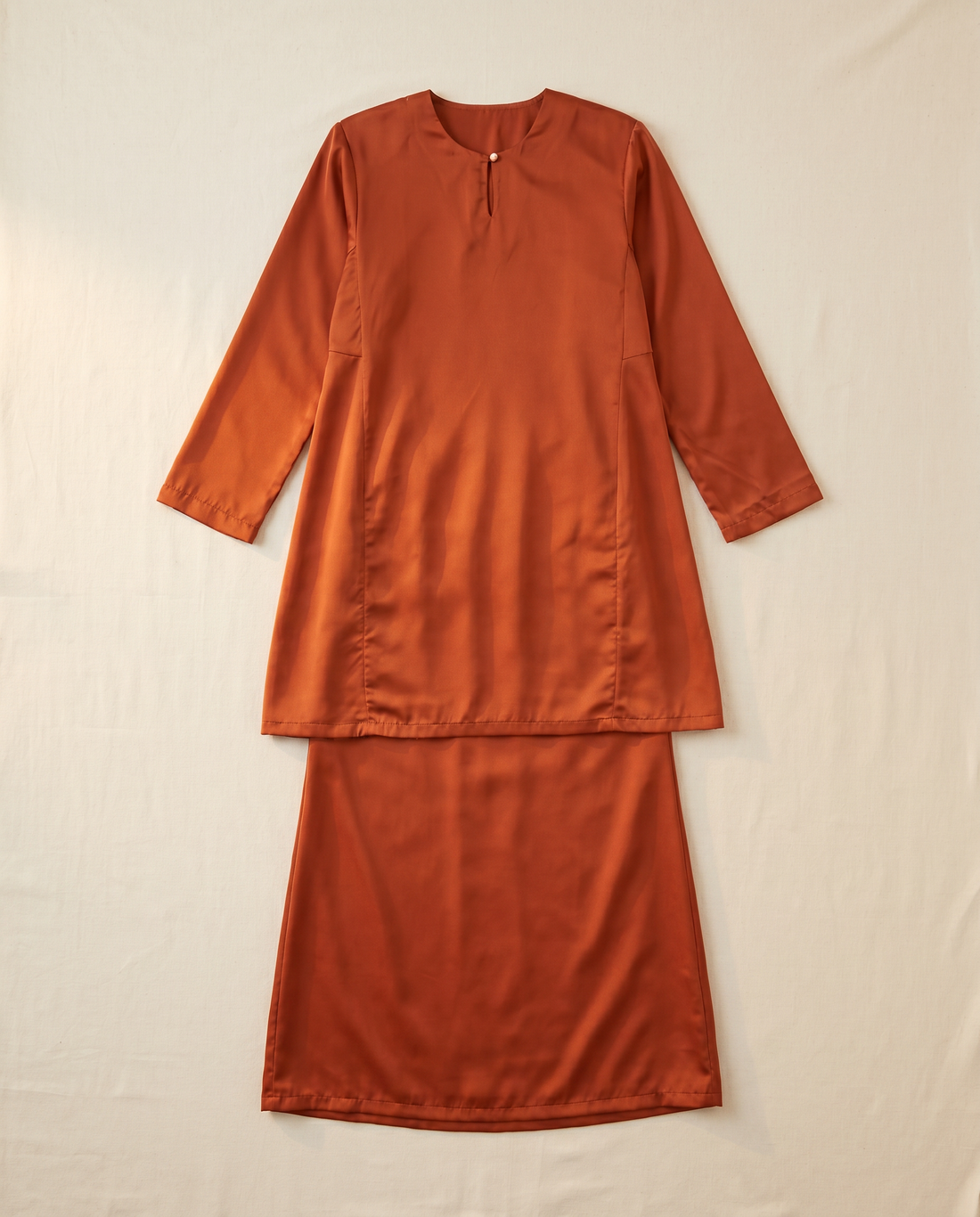 Baju Kurung Dull Satin Orange Brick Dewasa Without Lace