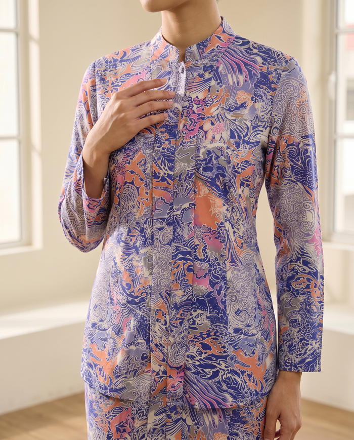 Kebaya Aalia Swiss Cotton — Blue Indigo Scrollwork