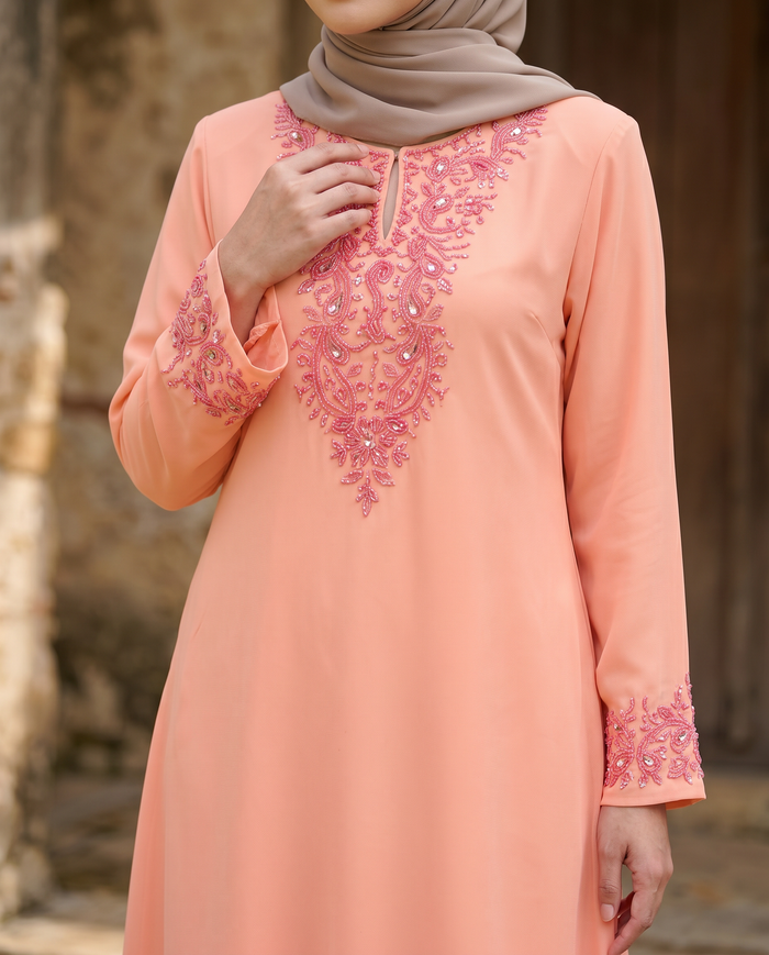 Baju Kurung Chiffon Plain Embroidery — Peach
