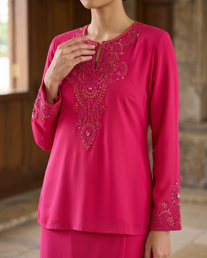 Baju Kurung Chiffon Plain Embroidery — Shocking Pink