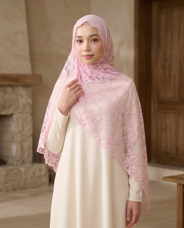 Selendang Japanese Lace — Pastel Pink