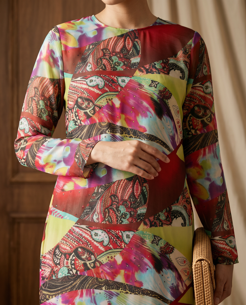Baju Kurung Silky Chiffon Printed Umbrella Cut — D- 1 — bodycrop