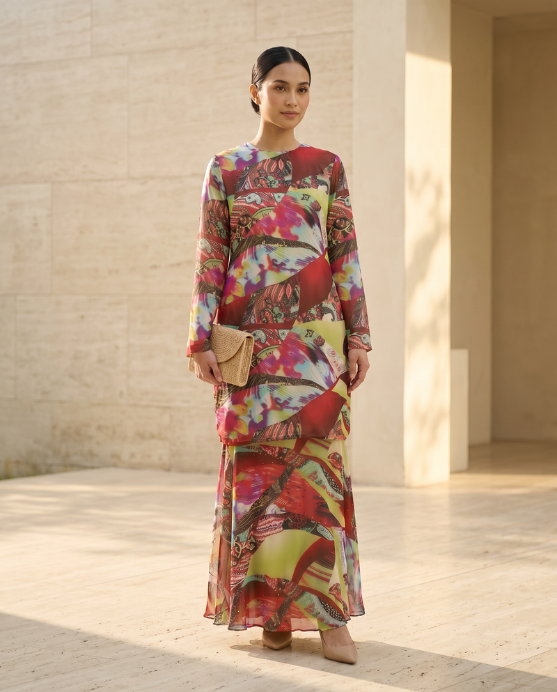 Baju Kurung Silky Chiffon Printed Umbrella Cut — D- 1 — front