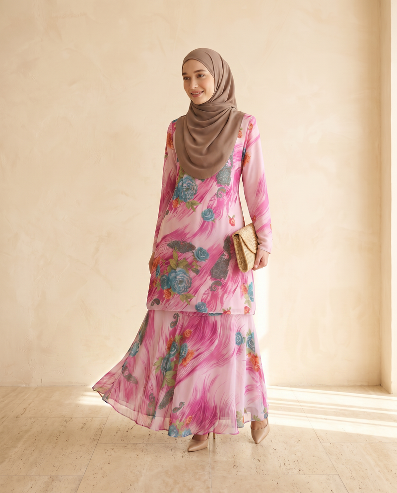 Baju Kurung Silky Chiffon Printed Umbrella Cut — D- 2 — front