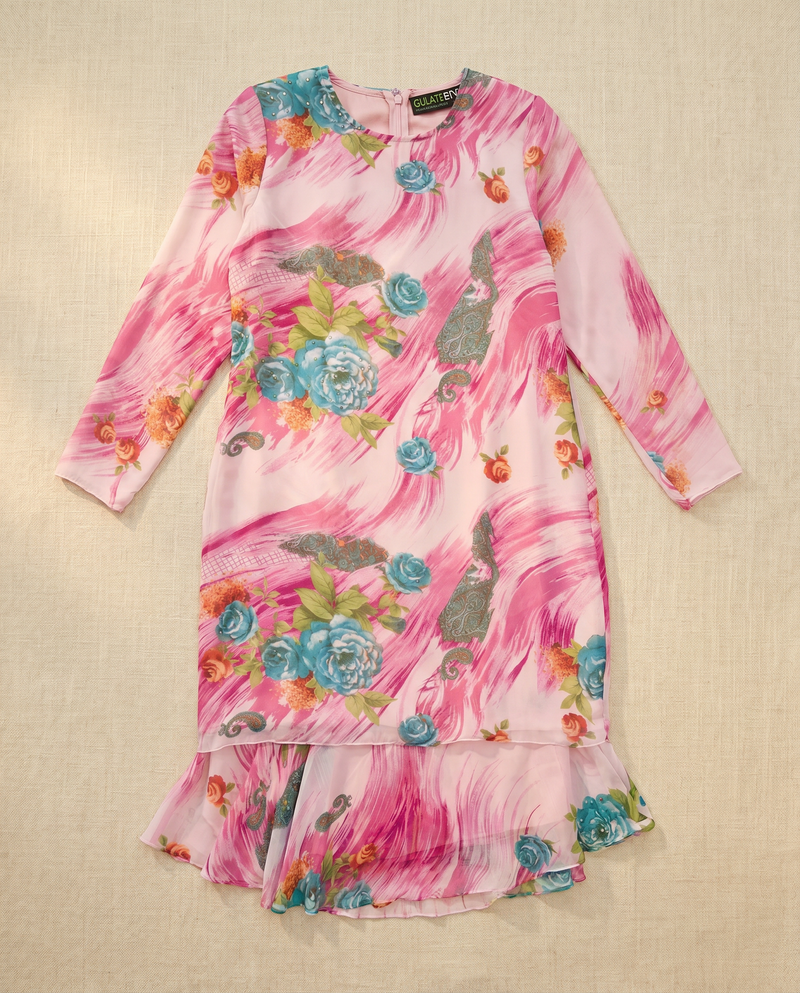 Baju Kurung Silky Chiffon Printed Umbrella Cut — D- 2 — flatlay
