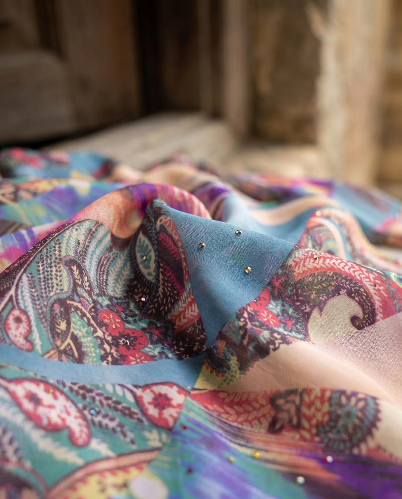 Baju Kurung Silky Chiffon Printed Umbrella Cut — D- 7 — macro