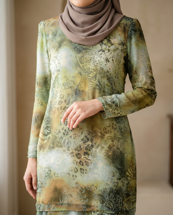 Silky Chiffon Puff — Olive Scrollwork