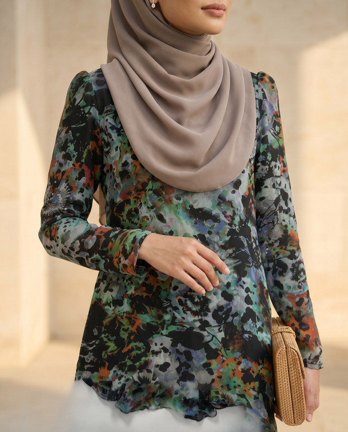 Silky Chiffon Puff — Black Floral Abstract