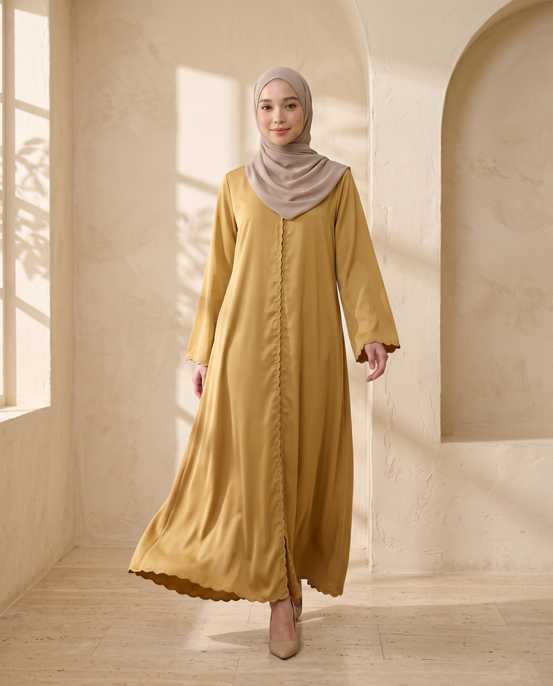 Baju Kurung Lace Dewasa Orange Brick — Mustard — front